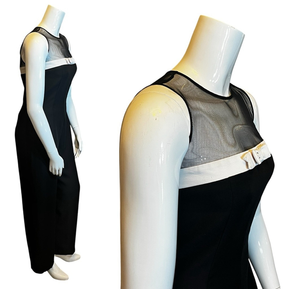 Joseph Ribkoff Vintage 70s-80s Black & White Mesh Bow Jumpsuit, 10-14 - Picture 7 of 14